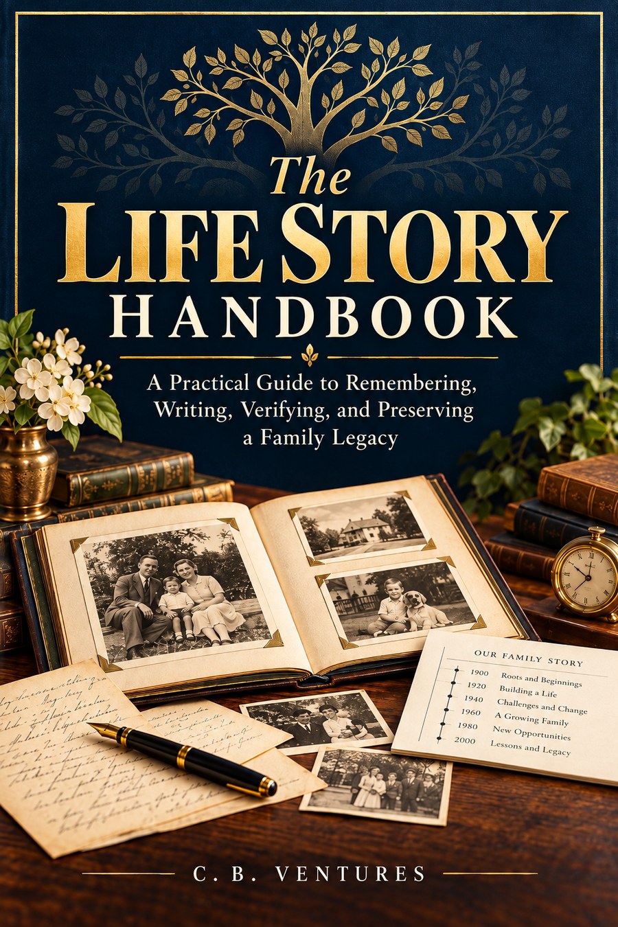 Cover of The Life Story Handbook: an open family album, letters, and a gold family tree on a navy field, by C.B. Ventures